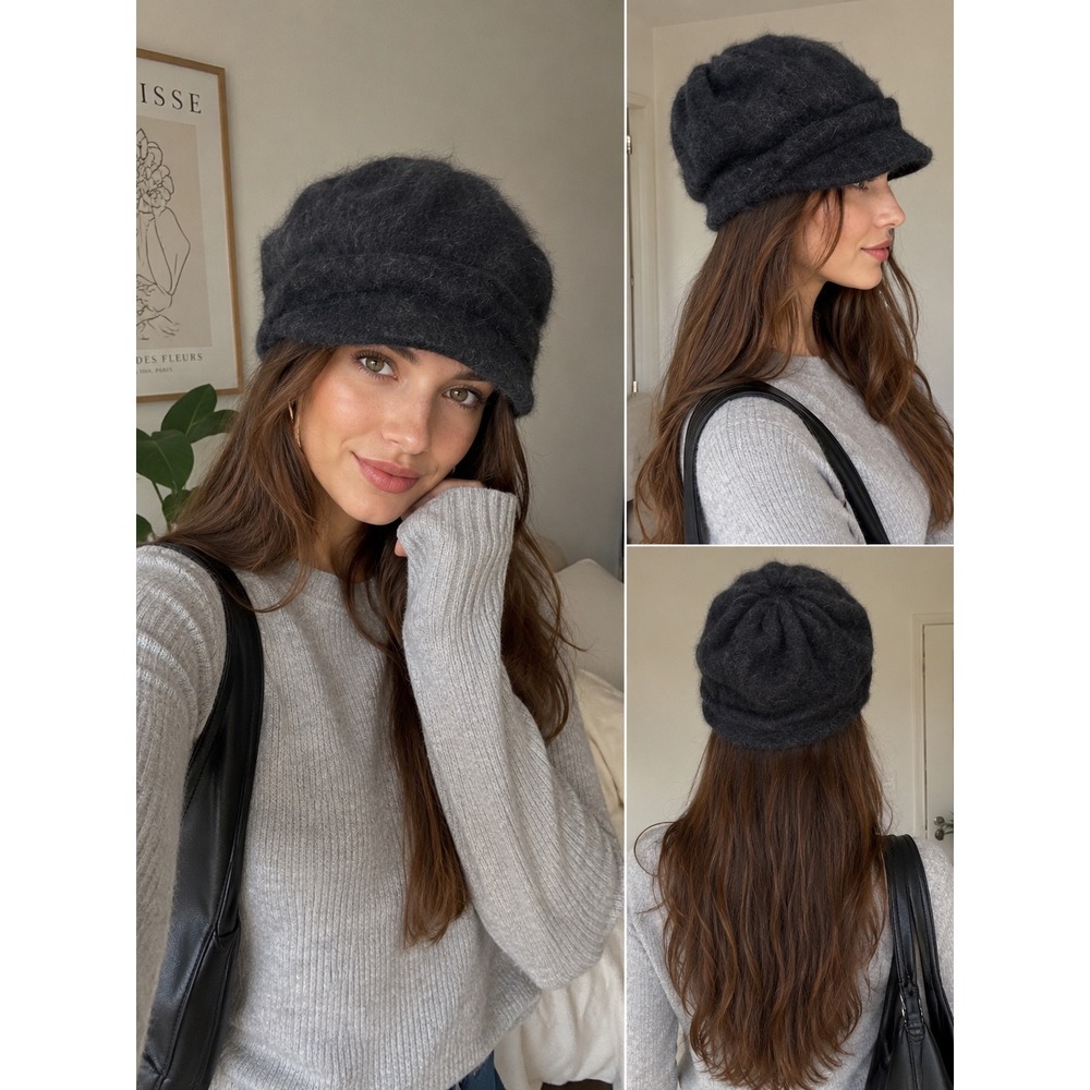 Etmar‎ New York Vintage Angora Blend Hat Black Fuzzy Newsboy Beret Cap